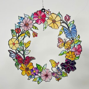 Spring Floral Butterfly Wreath Suncatcher, Faux Stained Glass Window Hanging, Bright Flower Decor for Home, Perfect Gift for Nature Lovers