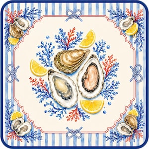 May include: Square decorative cloth with a nautical theme. The design features oysters, lemon wedges, and blue and red coral-like elements. The border has blue and white stripes, rope knots, and a red trim.