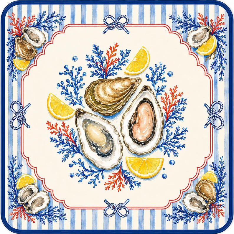 May include: Square decorative cloth with a nautical theme. The design features oysters, lemon wedges, and blue and red coral-like elements. The border has blue and white stripes, rope knots, and a red trim.