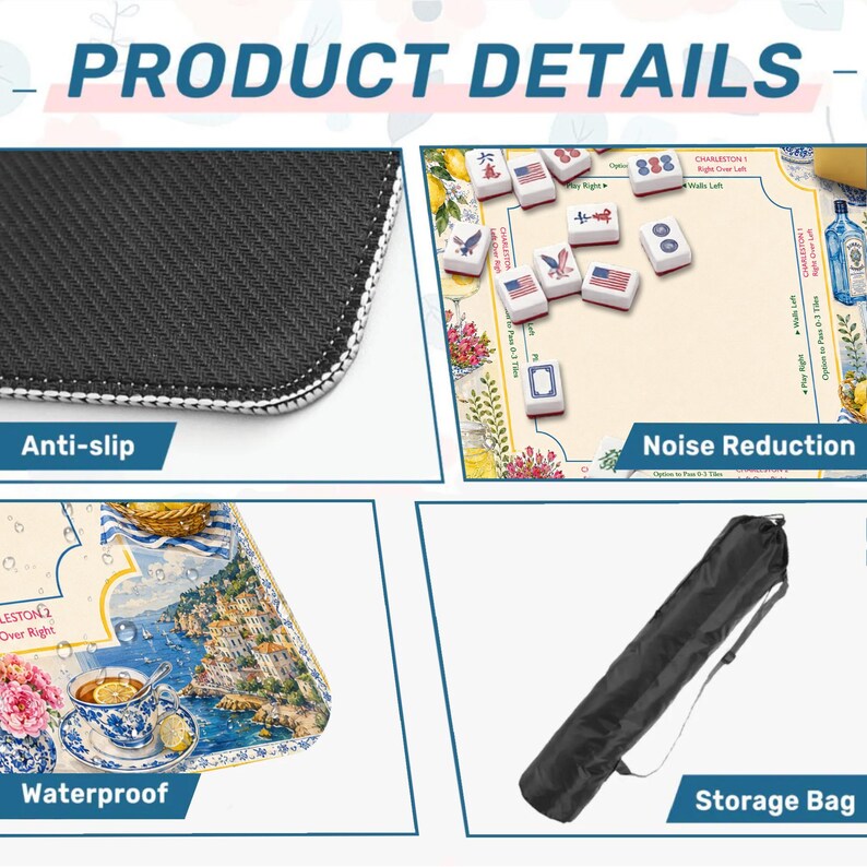 May include: Product details image showing a Mahjong game set. Features include an anti-slip mat, noise reduction, and waterproof surface. The set includes a storage bag. The game tiles have American flag designs.