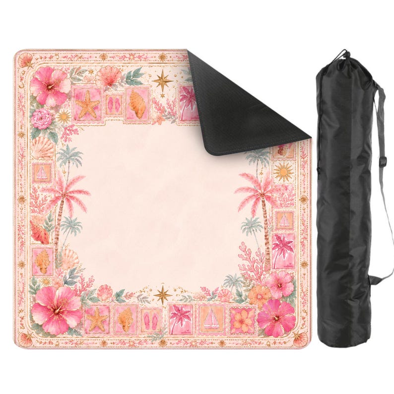 Pink Coastal Mahjong Mat, Tropical Hibiscus Beach House Game Table Cover image 12
