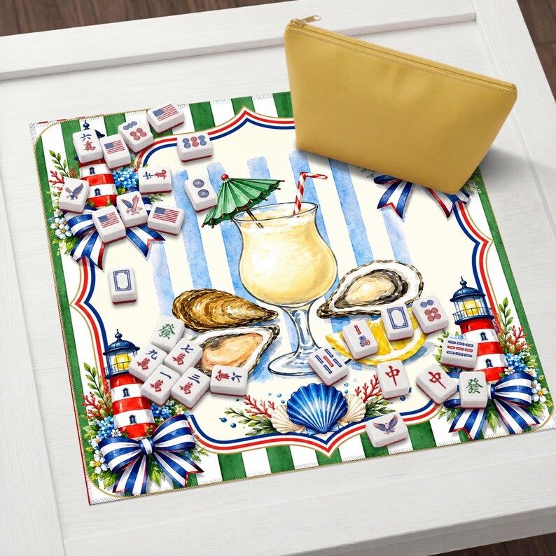 Tapete de Mahjong con diseño de cóctel de ostras costeras, tablero de juego con faro náutico, camino de mesa veraniego de estilo preppy. imagen 8
