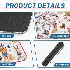 May include: A rectangular mat featuring a patriotic dog pattern with American flags, stars, and fireworks. The mat has an anti-slip black backing, noise-reducing properties, a waterproof surface, and includes a black cylindrical storage bag with a strap.