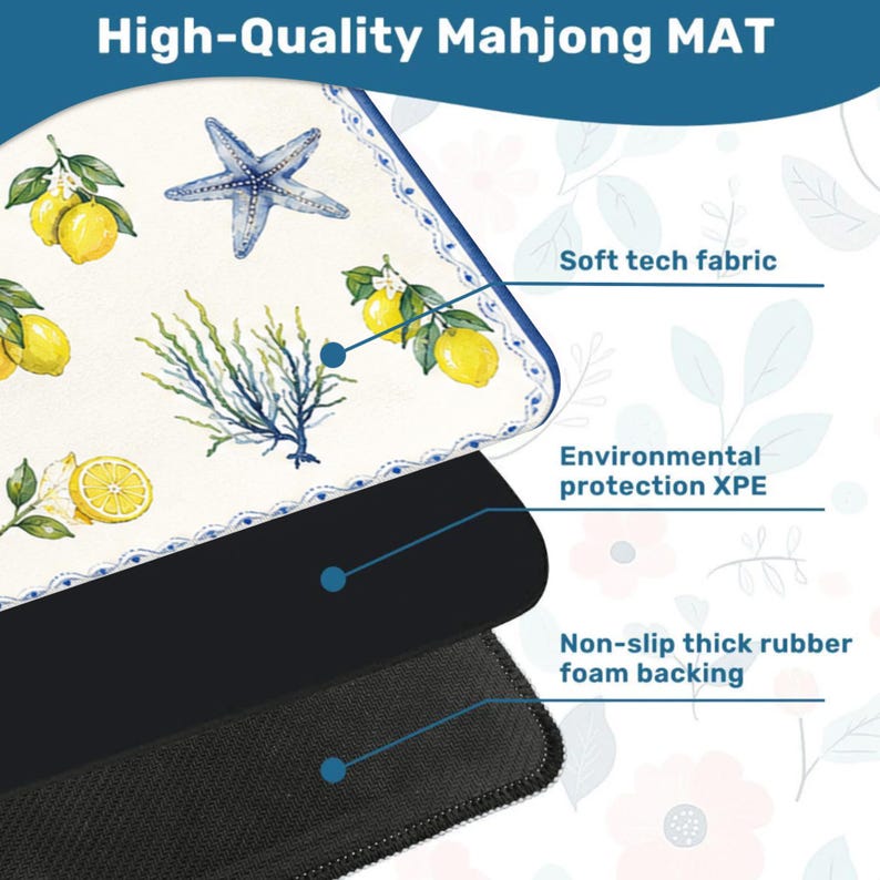 Puede incluir: Una alfombrilla de Mahjong de alta calidad con una superficie blanca con limones de acuarela, una estrella de mar azul y algas marinas. La alfombrilla tiene un borde azul y un respaldo de espuma de goma antideslizante negro. El texto "High-Quality Mahjong MAT" est&aacute; en la parte superior.