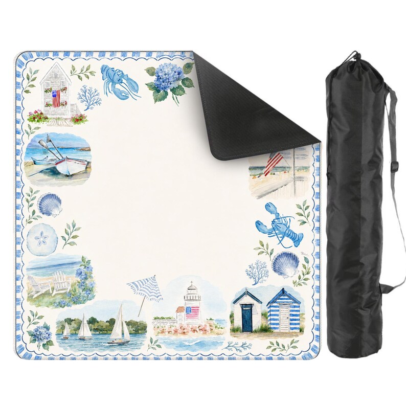 May include: A square outdoor mat with a white center and a blue and white striped border, featuring watercolor illustrations of lighthouses, sailboats, lobsters, seashells, and beach chairs. A black cylindrical carrying bag is included.