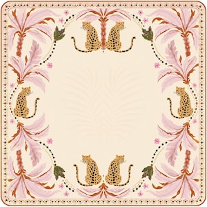 May include: A square scarf featuring a cream-coloured centre surrounded by a border of pink palm trees and spotted leopards. The design includes small pink flowers and dark beaded accents, finished with a thin brown geometric patterned edge.