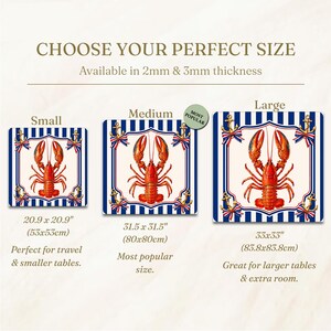 May include: Square coasters with a nautical theme, featuring a red lobster design on a cream background, framed by blue and white stripes, anchors, and ribbons. Available in small (20.9 x 20.9 inches), medium (31.5 x 31.5 inches), and large (33 x 33 inches) sizes.