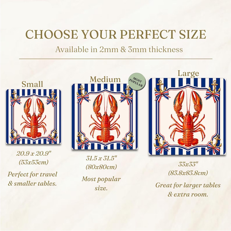 May include: Square coasters with a nautical theme, featuring a red lobster design on a cream background, framed by blue and white stripes, anchors, and ribbons. Available in small (20.9 x 20.9 inches), medium (31.5 x 31.5 inches), and large (33 x 33 inches) sizes.
