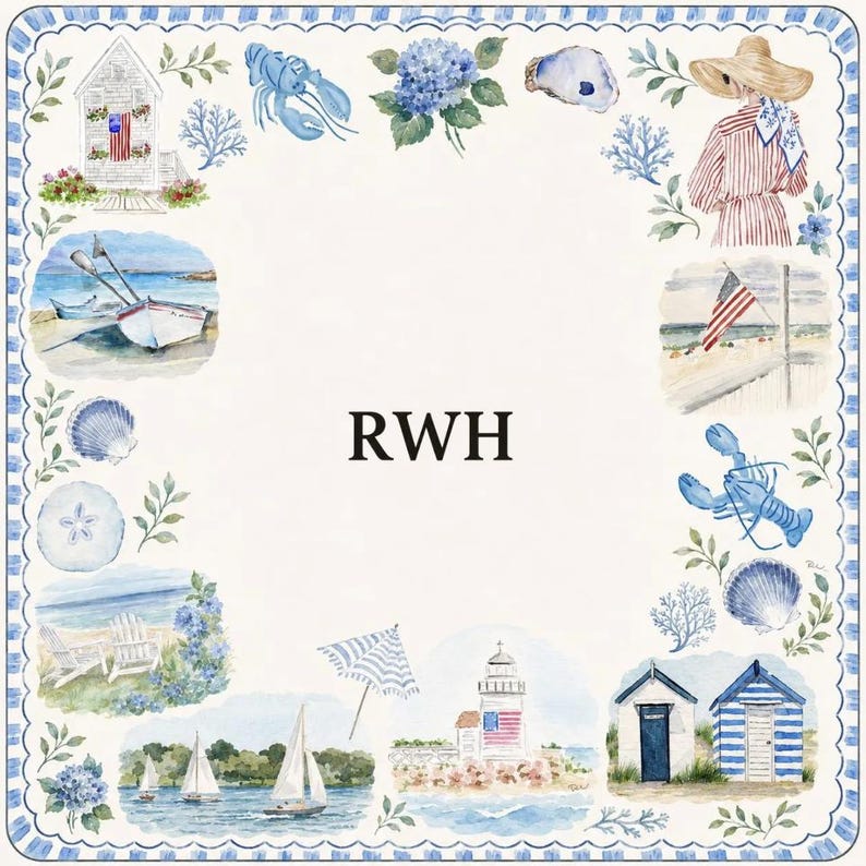 May include: A square decorative textile featuring a border of watercolor illustrations including a lighthouse, sailboats, beach huts, a lobster, and hydrangeas. The center displays the black capital letters RWH on a white background.