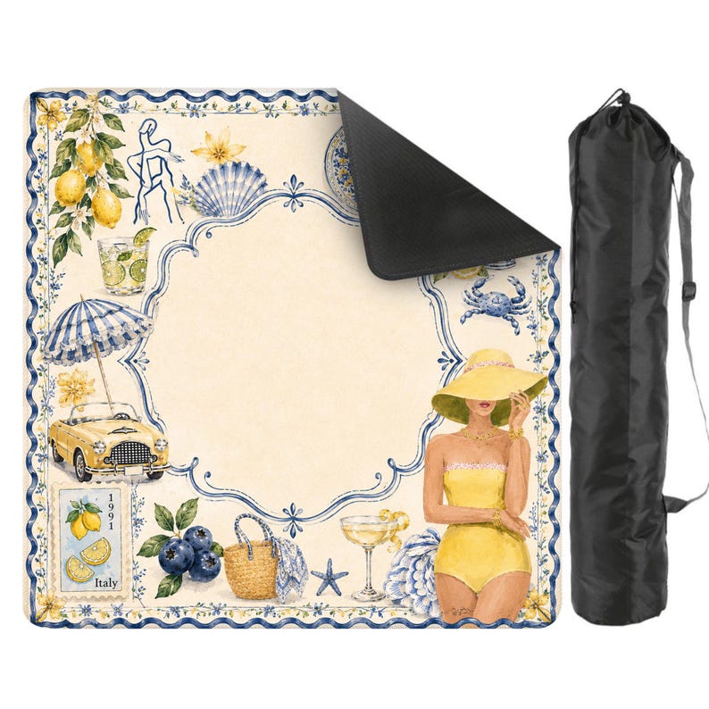 May include: A beach picnic blanket with a vintage Italian summer theme. The design features lemons, a yellow convertible, a woman in a yellow swimsuit, and a cocktail. The blanket has a blue and white border and comes with a black carrying bag.