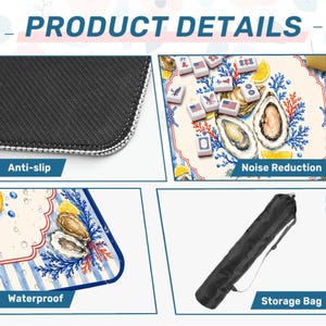 May include: Product details image showing an anti-slip, waterproof mat with a design of oysters, lemons, and Mahjong tiles. The mat is shown with a storage bag. The text on the image says "Product Details", "Anti-slip", "Noise Reduction", "Waterproof", and "Storage Bag".