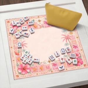 Pink Coastal Mahjong Mat, Tropical Hibiscus Beach House Game Table Cover image 13