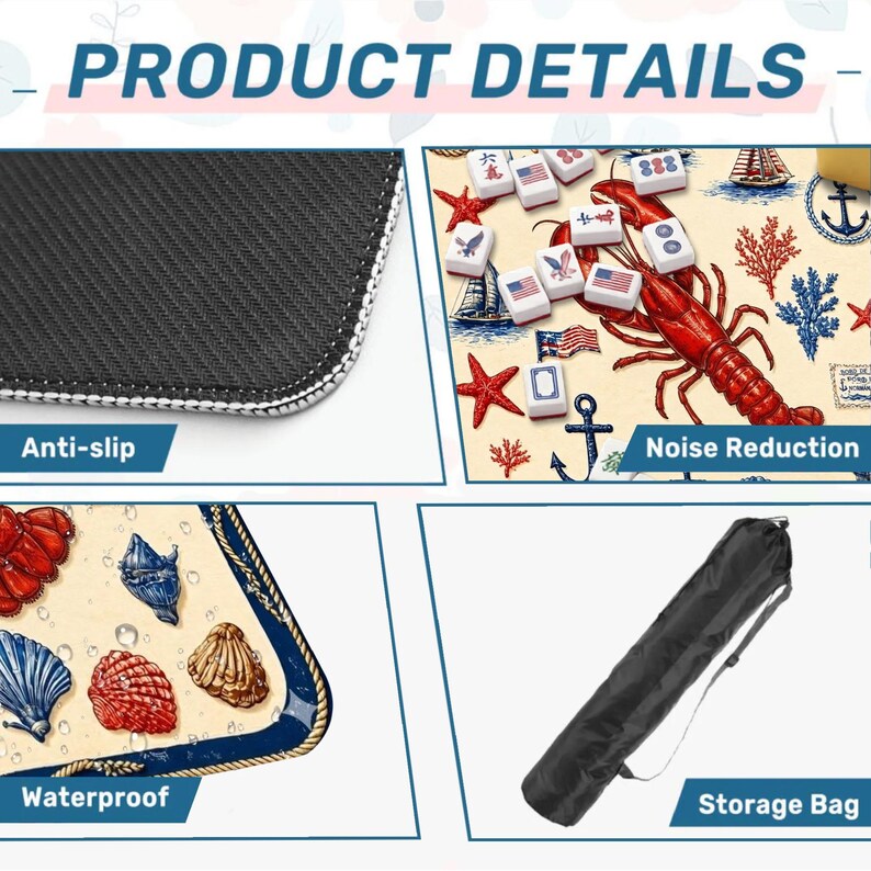 May include: Product details image showing a black anti-slip surface, a colorful nautical design with a lobster and seashells, and a black storage bag. The design includes the words "Anti-slip", "Noise Reduction", "Waterproof", and "Storage Bag".