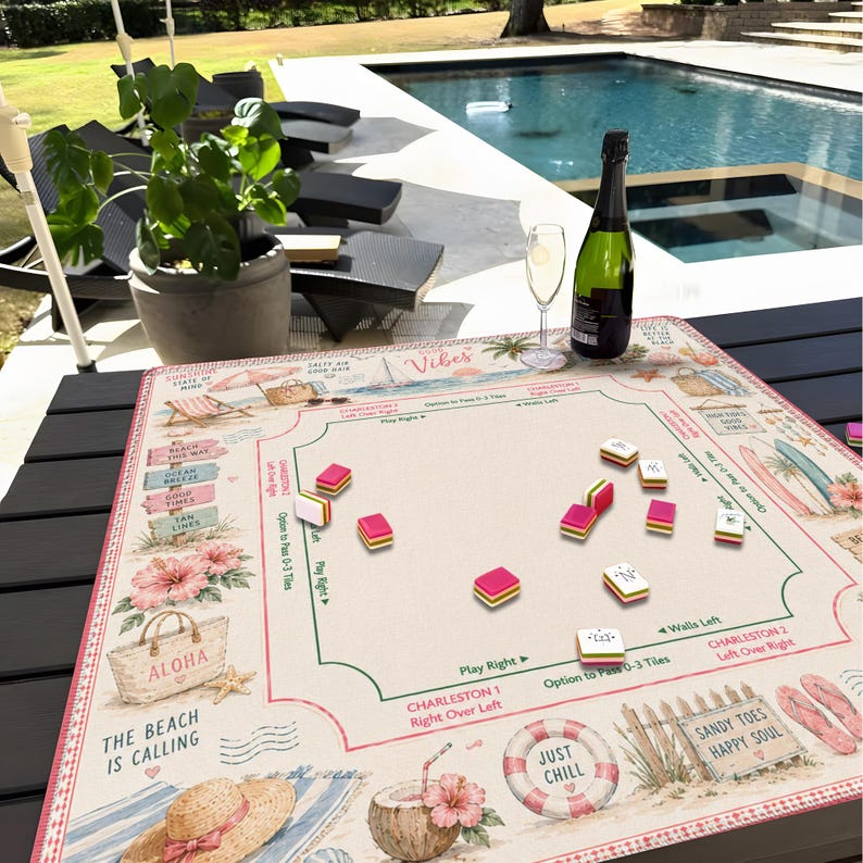 Coastal Beach Mahjong Mat, Beach House Game Table Cover, Summer Vibes Gift image 1