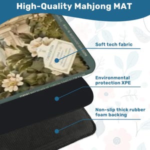 May include: A rectangular Mahjong mat featuring a floral pattern with white flowers and green leaves. The mat is composed of three layers: a soft tech fabric top, an environmental protection XPE middle layer, and a non-slip thick rubber foam backing.