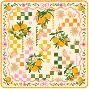 May include: Square scarf with a cream background featuring orange branches, orange slices, palm trees, and checkered patterns in orange, green, pink, and brown. The scarf has a floral border with pink flowers and a bow.