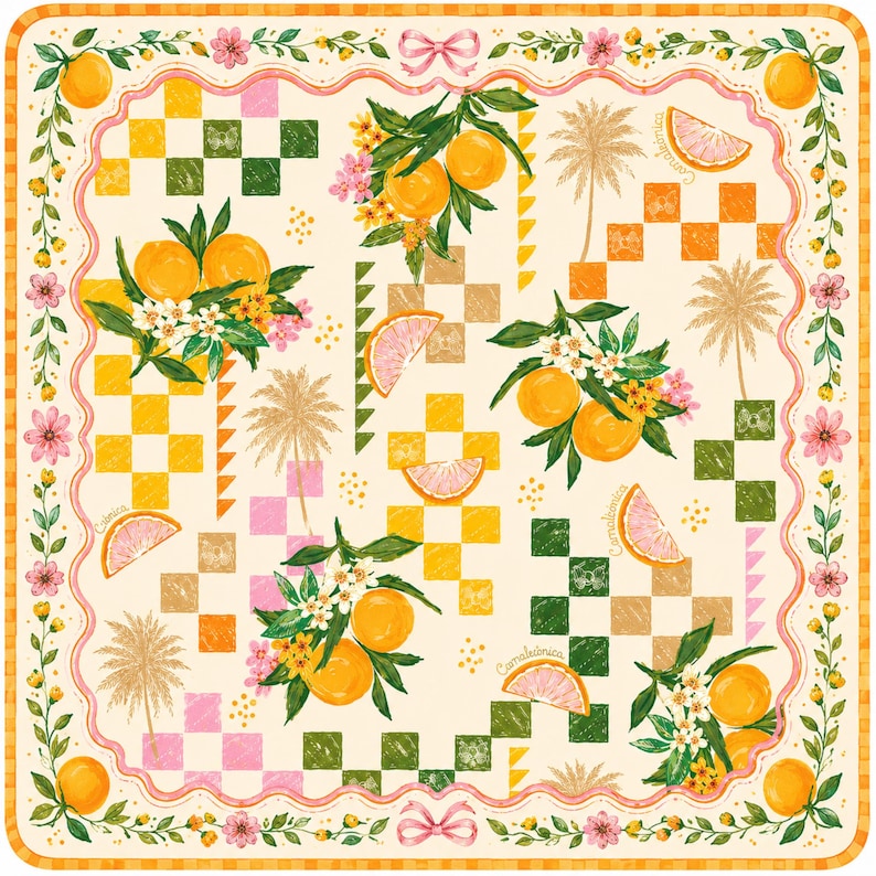 May include: Square scarf with a cream background featuring orange branches, orange slices, palm trees, and checkered patterns in orange, green, pink, and brown. The scarf has a floral border with pink flowers and a bow.