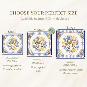 May include: Square decorative mats with oyster and lemon designs, available in three sizes: 20.9 x 20.9 inches, 31.5 x 31.5 inches, and 33 x 33 inches. The mats feature blue and white striped borders and are available in 2mm and 3mm thicknesses.