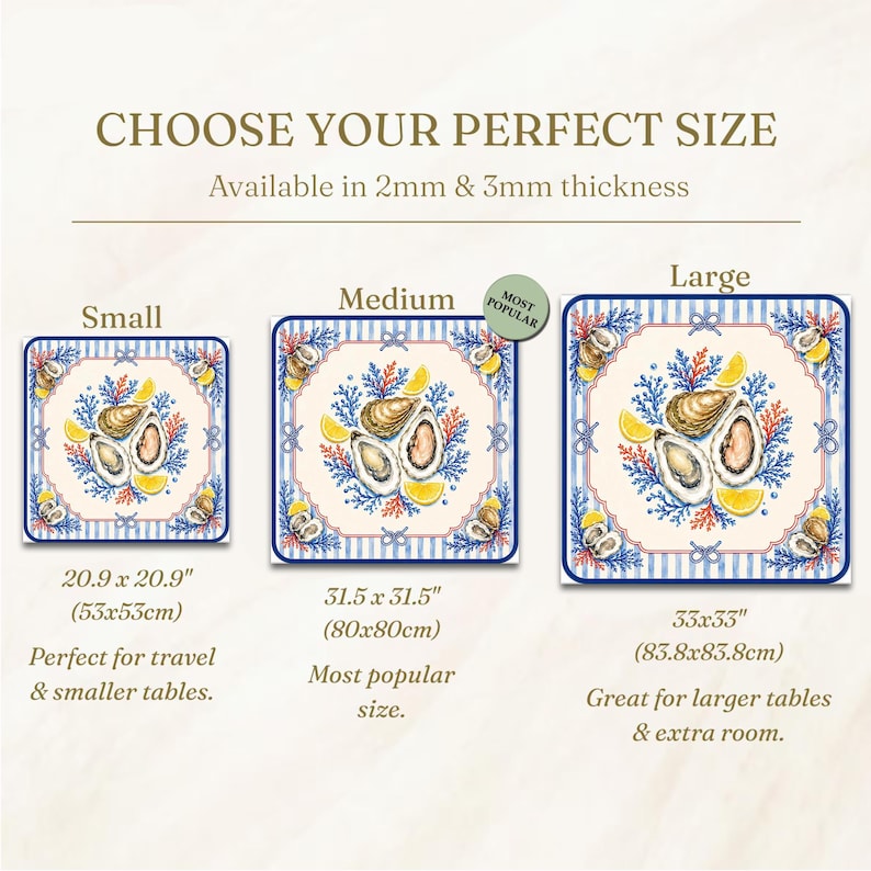 May include: Square decorative mats with oyster and lemon designs, available in three sizes: 20.9 x 20.9 inches, 31.5 x 31.5 inches, and 33 x 33 inches. The mats feature blue and white striped borders and are available in 2mm and 3mm thicknesses.
