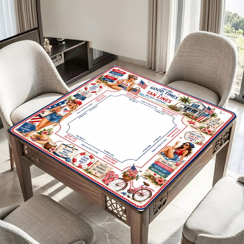 May include: A square game board featuring a beach-themed design with illustrations of people, a bicycle, a beach house, and text including Let the Good Times & Tan Lines be our worries. The board has a white center and red, white, and blue accents.