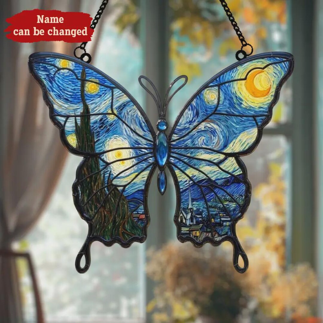 Van Gogh Starry Night Butterfly Suncatcher ACRYLIC Faux Stained Glass ...