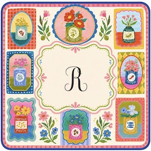 May include: A square decorative sign featuring a central black letter R surrounded by eight rectangular and oval panels. Each panel displays a colorful illustration of a labeled tin or jar containing items like cherry tomatoes, olive oil, pickles, jasmine tea, chili peppers, farfalle pasta, island coffee, and salted sardines.