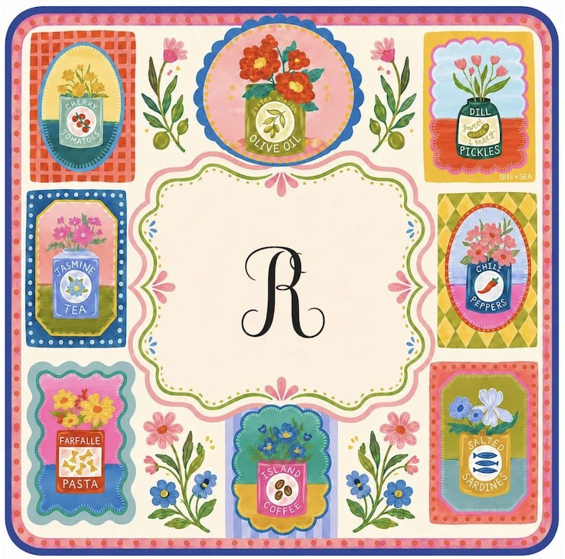 May include: A square decorative sign featuring a central black letter R surrounded by eight rectangular and oval panels. Each panel displays a colorful illustration of a labeled tin or jar containing items like cherry tomatoes, olive oil, pickles, jasmine tea, chili peppers, farfalle pasta, island coffee, and salted sardines.