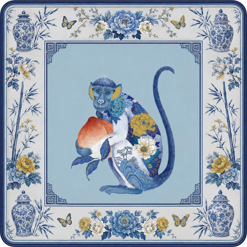K&ouml;nnte beinhalten: Quadratische Illustration eines blauen Affen, der einen Pfirsich h&auml;lt und mit floralen Mustern verziert ist. Das Kunstwerk ist mit einem blau-wei&szlig;en Rahmen eingefasst, der Blumen- und Schmetterlingsmotive sowie dekorative Vasen aufweist. Der Hintergrund ist hellblau.