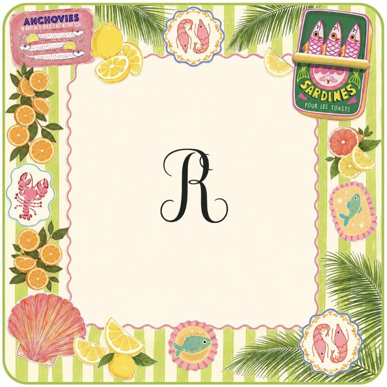 May include: Square decorative placemat with a cream background, green and white striped border, and a large black letter "R". The design includes illustrations of seafood, citrus fruits, and palm fronds. The placemat has the words "Sardines pour les toasts" and "Anchovies".