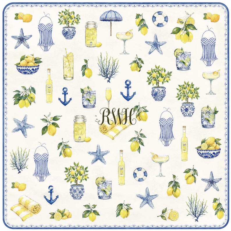 Puede incluir: Un dise&ntilde;o cuadrado de color crema con un patr&oacute;n repetido de limones, c&oacute;cteles, estrellas de mar y elementos n&aacute;uticos. Tambi&eacute;n se incluyen trajes de ba&ntilde;o a rayas azules y blancas, limoneros en macetas y botellas de l&iacute;quido amarillo. El dise&ntilde;o tiene un borde azul.