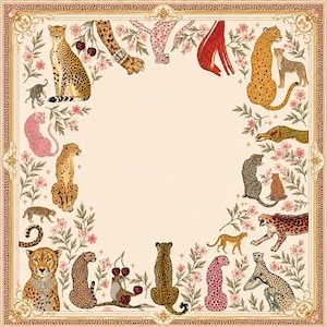 May include: A square scarf featuring a cream-coloured centre framed by a decorative border. The design includes various cheetahs in natural and pink tones, interspersed with cherry clusters, floral sprigs, and small stars on a light background.