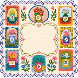 May include: A square decorative print featuring a central cream-colored scalloped frame surrounded by eight illustrated rectangular and circular panels. Each panel depicts a colorful tin container filled with flowers, labeled Cherry Tomatoes, Olive Oil, Dill Pickles, Jasmine Tea, Chili Peppers, Farfalle Pasta, Island Coffee, and Salted Sardines, all bordered by a blue scalloped edge.