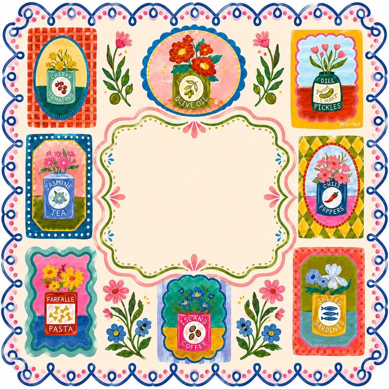 May include: A square decorative print featuring a central cream-colored scalloped frame surrounded by eight illustrated rectangular and circular panels. Each panel depicts a colorful tin container filled with flowers, labeled Cherry Tomatoes, Olive Oil, Dill Pickles, Jasmine Tea, Chili Peppers, Farfalle Pasta, Island Coffee, and Salted Sardines, all bordered by a blue scalloped edge.