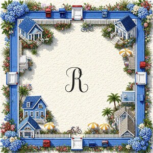 May include: A square, artistic illustration featuring miniature blue houses, white picket fences, and colorful flowers. The houses have blue roofs and are surrounded by lush greenery. The letter "R" is centered on a sandy background, framed by a blue border.
