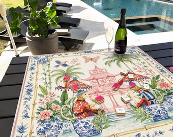 Tappetino da Mahjong con scimmie in stile Chinoiserie, tappetino da gioco da giardino con pagoda rosa, vaso di zenzero blu e bianco