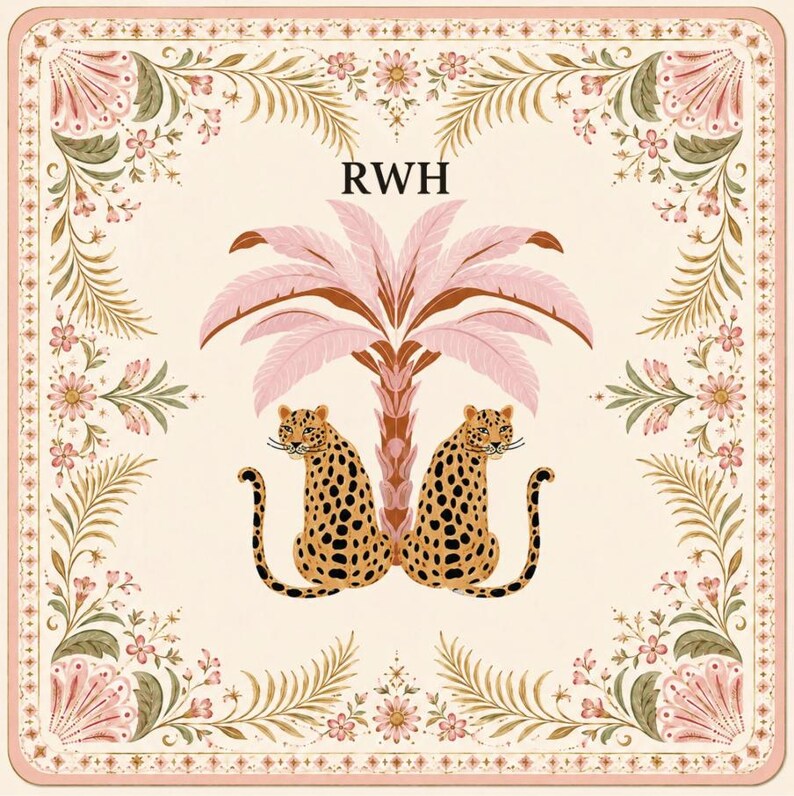 May include: A square scarf featuring a cream background with a border of pink flowers and green leaves. In the center, two spotted leopards sit back-to-back under a pink palm tree. The letters RWH are printed in black above the palm tree.