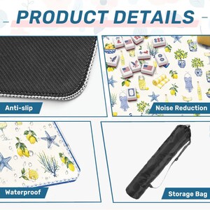 Puede incluir: Imagen de detalles del producto que muestra una alfombra antideslizante e impermeable con un dise&ntilde;o de lim&oacute;n y estrella de mar, y una bolsa de almacenamiento negra. La alfombra tiene propiedades de reducci&oacute;n de ruido. Tambi&eacute;n se muestran fichas de mahjong.