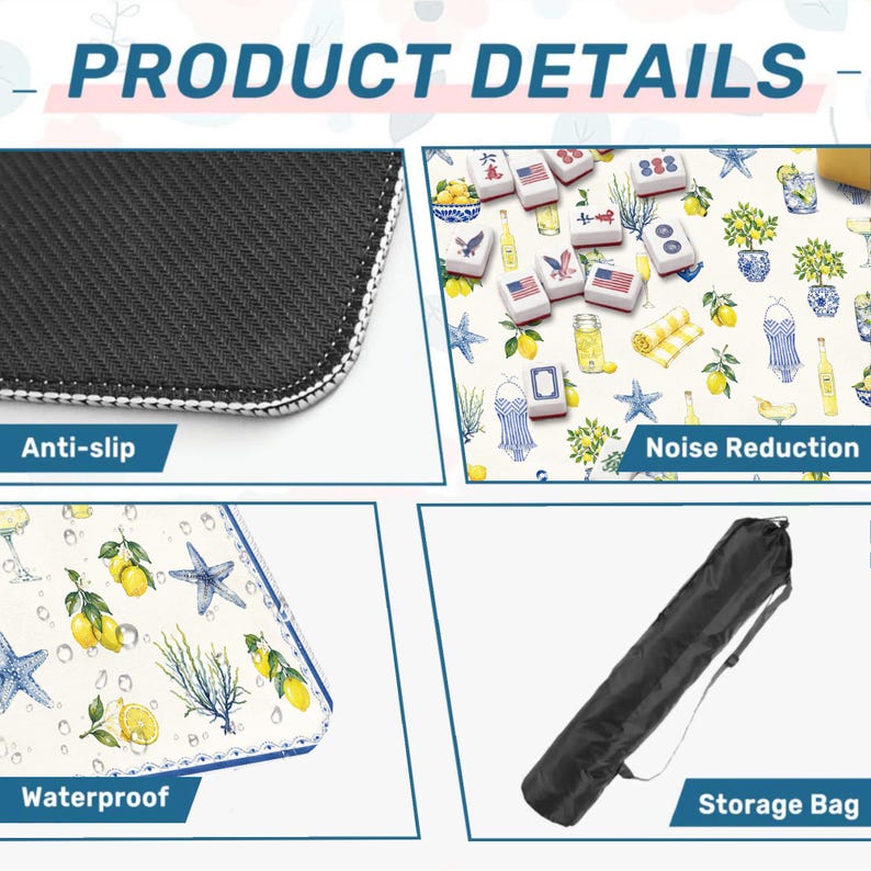 Puede incluir: Imagen de detalles del producto que muestra una alfombra antideslizante e impermeable con un dise&ntilde;o de lim&oacute;n y estrella de mar, y una bolsa de almacenamiento negra. La alfombra tiene propiedades de reducci&oacute;n de ruido. Tambi&eacute;n se muestran fichas de mahjong.