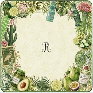 Puede incluir: Imagen cuadrada decorativa con fondo verde claro y tem&aacute;tica bot&aacute;nica. Presenta ilustraciones de cactus, alcachofa, lima, aguacate y botellas de Coca-Cola, Pellegrino y ginebra Tanqueray. La letra "R" est&aacute; en el centro.