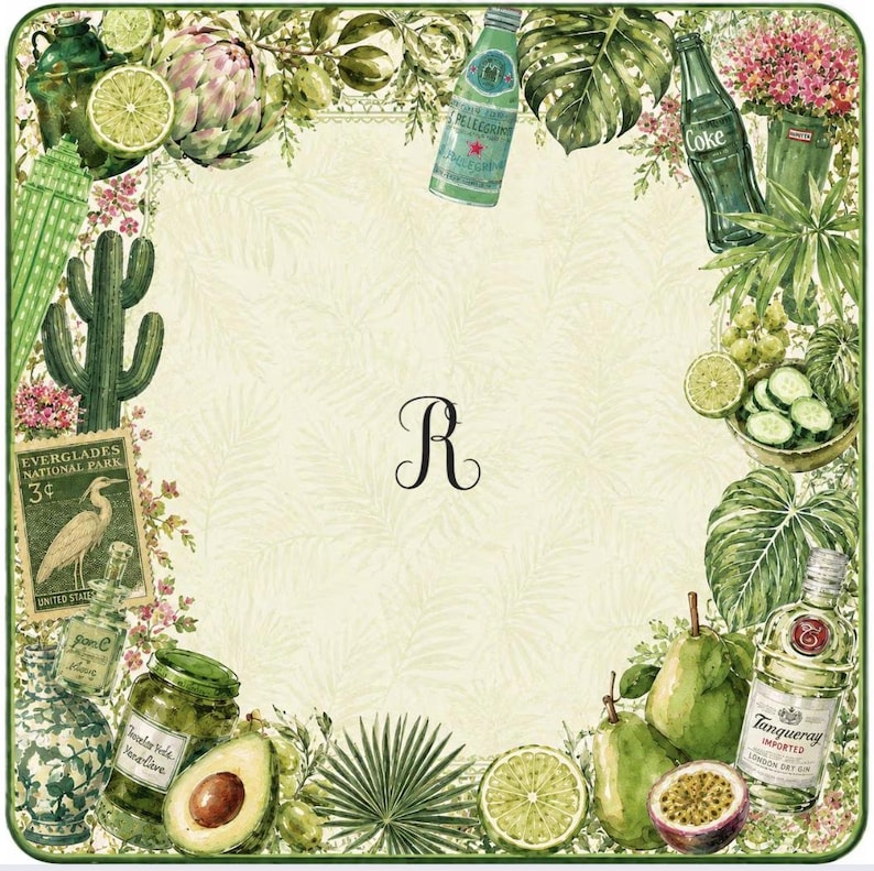 Puede incluir: Imagen cuadrada decorativa con fondo verde claro y tem&aacute;tica bot&aacute;nica. Presenta ilustraciones de cactus, alcachofa, lima, aguacate y botellas de Coca-Cola, Pellegrino y ginebra Tanqueray. La letra "R" est&aacute; en el centro.