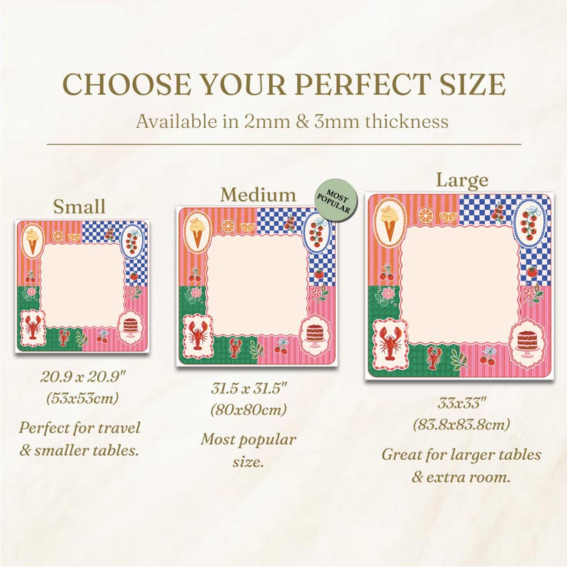May include: Image showing three square placemats in different sizes: small (20.9 x 20.9 inches), medium (31.5 x 31.5 inches), and large (33 x 33 inches). Each mat has a pink and green border with food illustrations and a checkered blue and white corner.