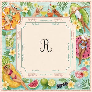 Op de afbeelding: Een decoratieve vierkante print met een vintage zomerthema. De kunstwerken tonen illustraties van vrouwen in badkleding, cocktails, fruit en tropische bloemen. Het centrale ontwerpelement is een grote letter "R". De tekst bevat "Charleston 1" en "Charleston 2".