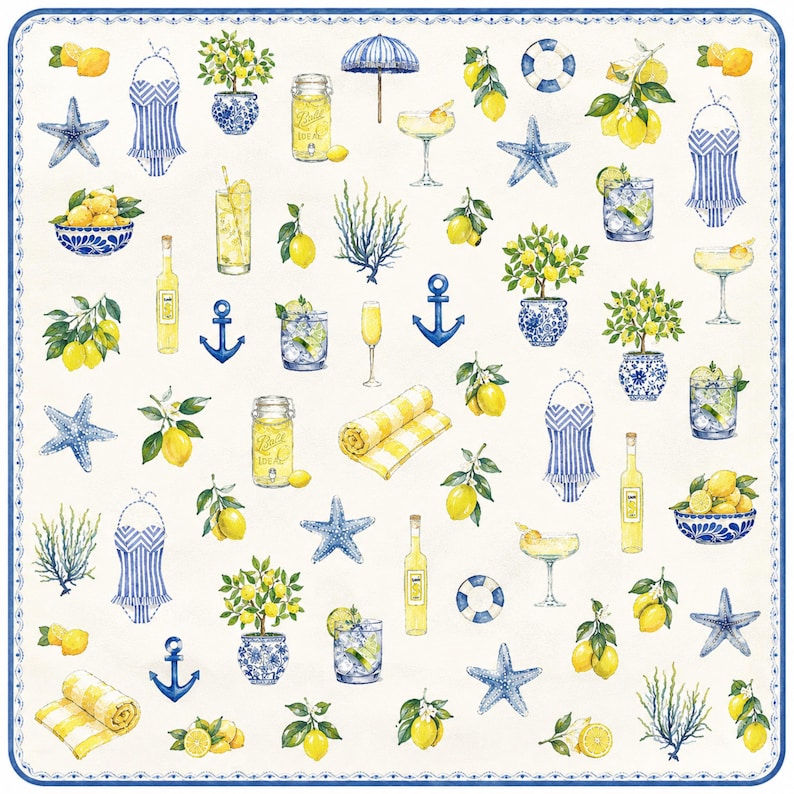 Puede incluir: Un dise&ntilde;o decorativo con tem&aacute;tica veraniega, con limones, c&oacute;cteles y motivos de playa. Incluye estrellas de mar azules, anclas y toallas a rayas. Tambi&eacute;n hay limoneros en macetas azules y blancas y botellas de limoncello.