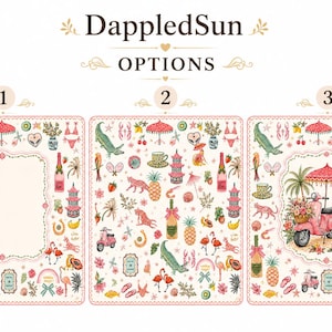 Pu&ograve; includere: Un grafico DappledSun OPTIONS con tre pannelli rettangolari su sfondo color crema. I pannelli mostrano un motivo ripetitivo di illustrazioni rosa e verdi tra cui uno scooter, un leopardo, un fenicottero, un ananas e una bottiglia.