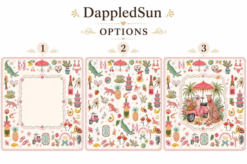 Pu&ograve; includere: Un grafico DappledSun OPTIONS con tre pannelli rettangolari su sfondo color crema. I pannelli mostrano un motivo ripetitivo di illustrazioni rosa e verdi tra cui uno scooter, un leopardo, un fenicottero, un ananas e una bottiglia.