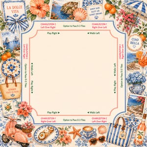 Może przedstawiać: Dekoracyjny papier do scrapbookingu o tematyce nadmorskiej. Projekt zawiera obrazy Capri, Włochy, pomarańcze, kwiaty, muszle i r&oacute;żowy skuter. Tekst zawiera "La Dolce Vita", "Summer State of Mind" i "Ciao Bella".