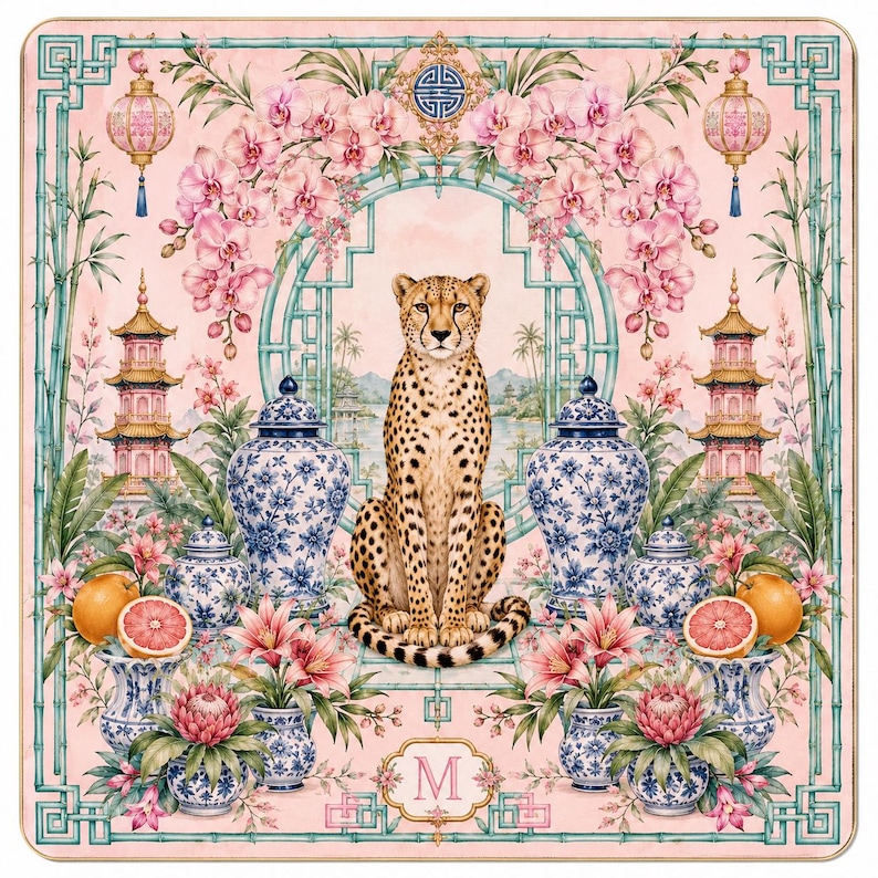 Rosa Chinoiserie Cheetah Mahjongmatta, Ginger Burk Spelbordsdekoration 1