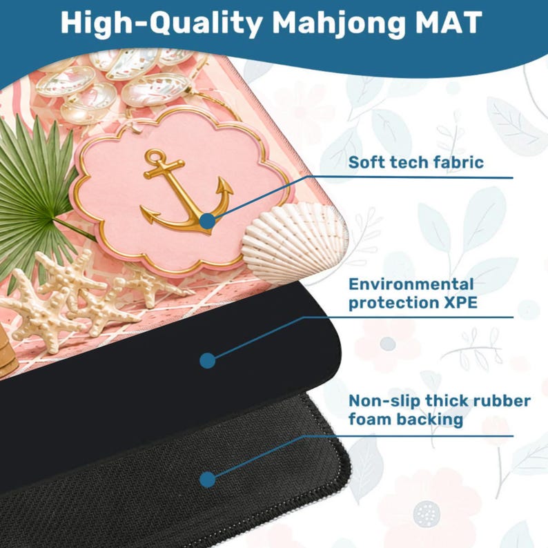 May include: A high-quality Mahjong mat with a nautical theme. The mat features a pink cloud-shaped design with a gold anchor, seashells, and starfish. It has a soft tech fabric surface, environmental protection XPE, and a non-slip thick rubber foam backing.