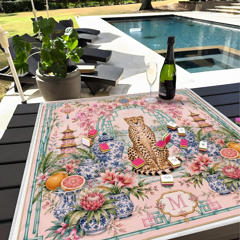 Rosa Chinoiserie Cheetah Mahjongmatta, Ginger Burk Spelbordsdekoration bild 7