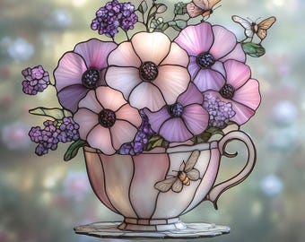 Atrapasueños de taza de té floral, adorno de ventana de acrílico imitación vidriera